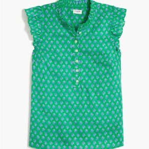 J.‎ Crew Emerald Blouse with Floral Design and Flutter Sleeves